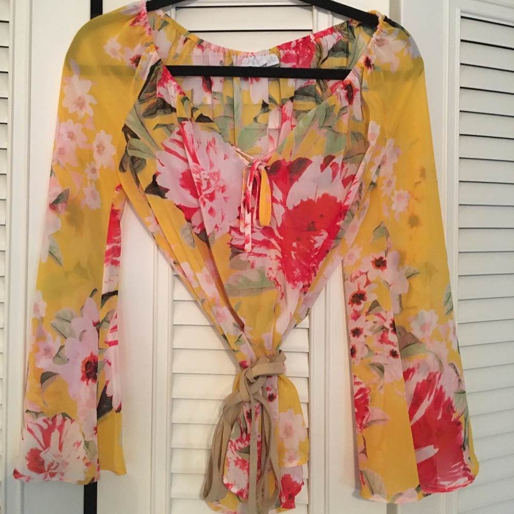 Yellow and Pink Sheer Floral Top by NY&Co XS